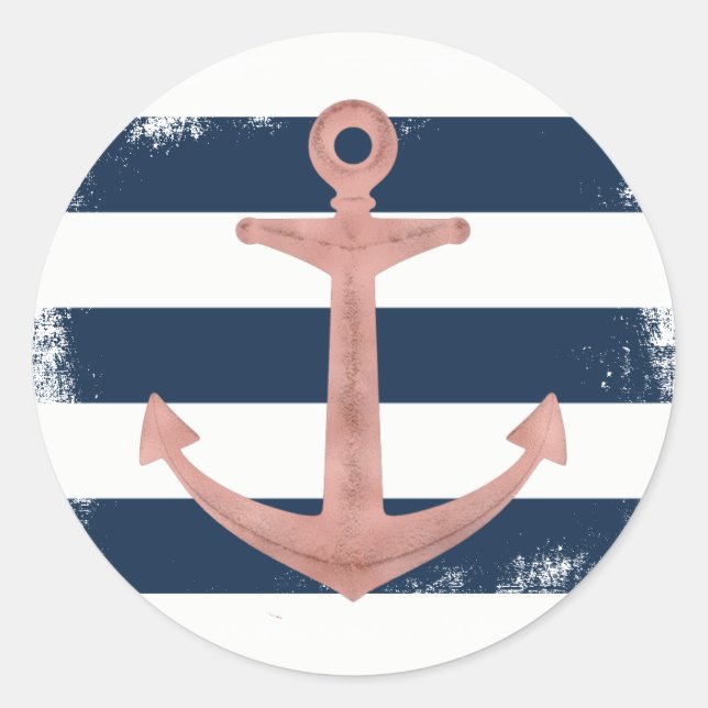 Rose Gold Anchor Nautical Navy Stripes Classic Round Sticker (Front)