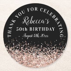 Rose Gold and Black 50th Birthday Thank You Favour Round Paper Coaster