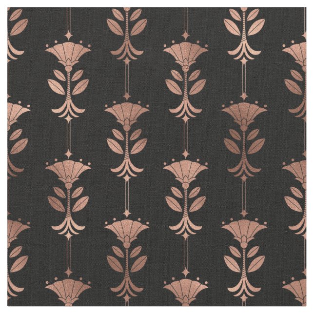 Rose Gold and Black Art Deco Abstract Floral Fabric (Close Up)