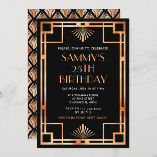 Rose Gold and Black Art Deco Birthday Party Invitation