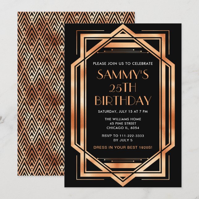 Rose Gold and Black Art Deco Birthday Party Invitation (Front/Back)