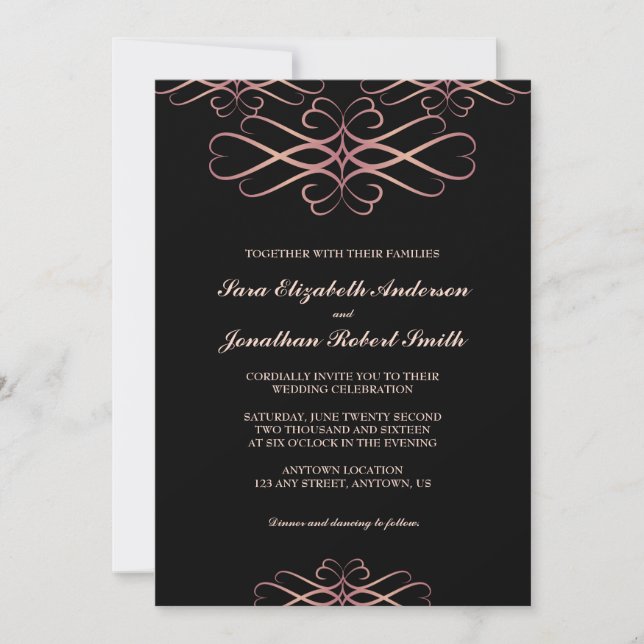 Rose Gold and Black, Elegant Flourishes Wedding Invitation (Front)