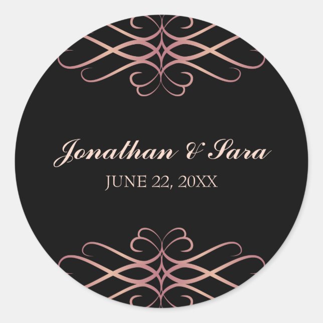 Rose Gold and Black, Elegant Personalised Wedding Classic Round Sticker (Front)