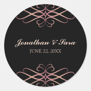 Rose Gold and Black, Elegant Personalised Wedding Classic Round Sticker