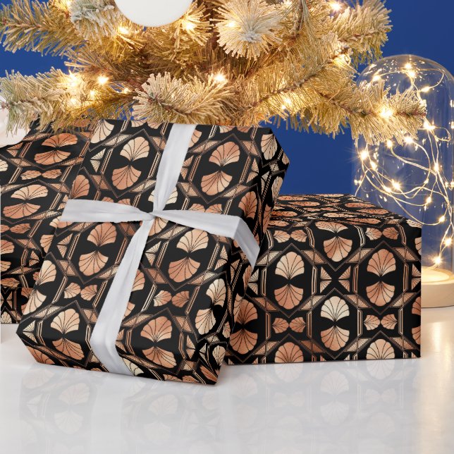 Rose Gold and Black Floral Art Deco Pattern Wrapping Paper (Holidays)