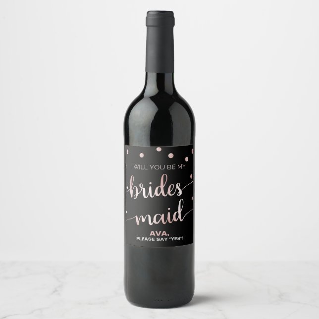 Rose Gold and Black | Glam Bridesmaid Proposal Wine Label (Front)