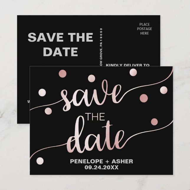 Rose Gold and Black | Glam Confetti Save the Date Announcement Postcard (Front/Back)