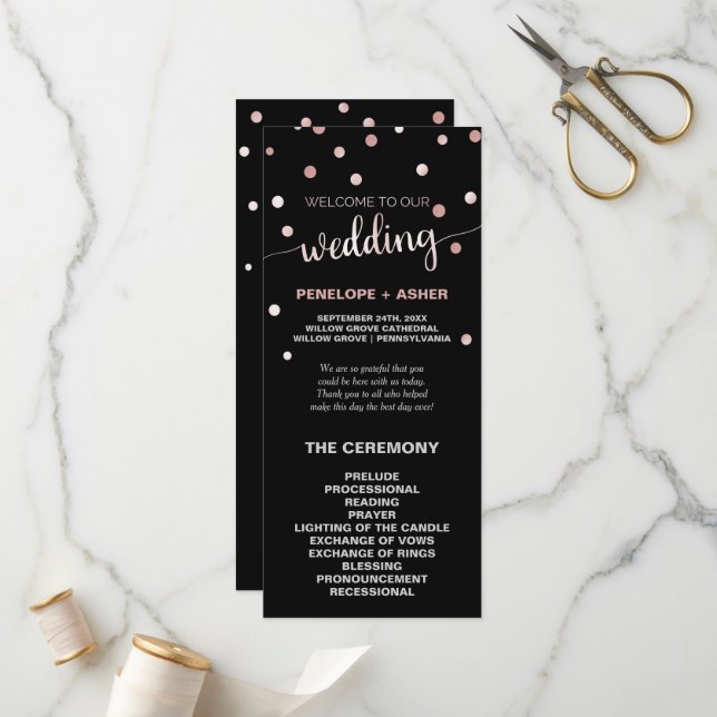 Rose Gold and Black Glam Confetti Wedding Program (Front/Back In Situ)