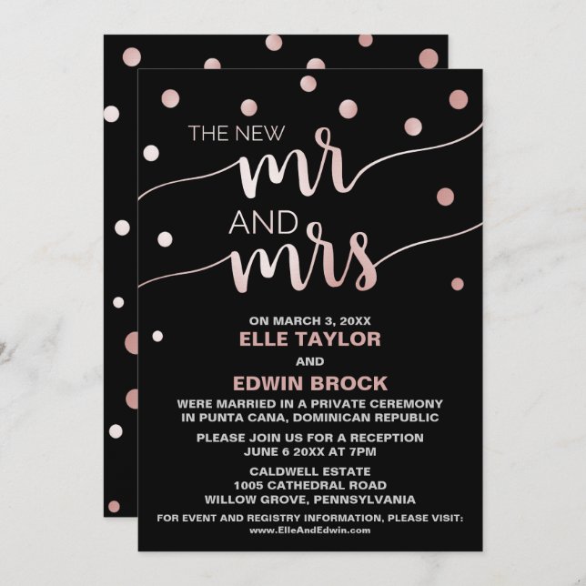 Rose Gold and Black | Glam Elopement Reception Invitation (Front/Back)