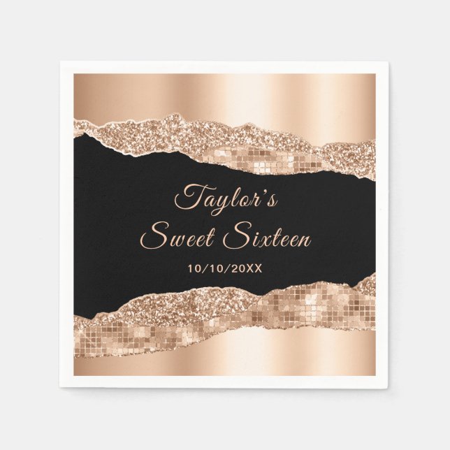 Rose Gold and Black Glam Tears Sweet Sixteen Napkin (Front)