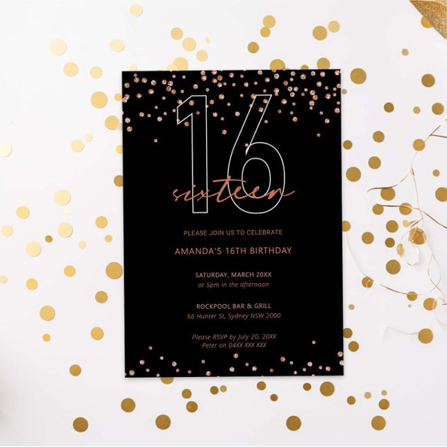 Rose gold and black glitter sparkle 16th birthday invitation (Creator Uploaded)