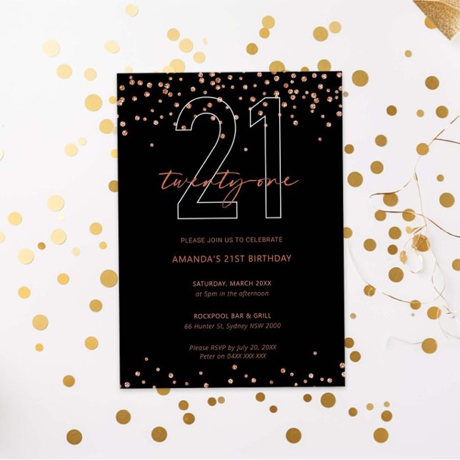 Rose gold and black glitter sparkle 21st birthday invitation (Creator Uploaded)