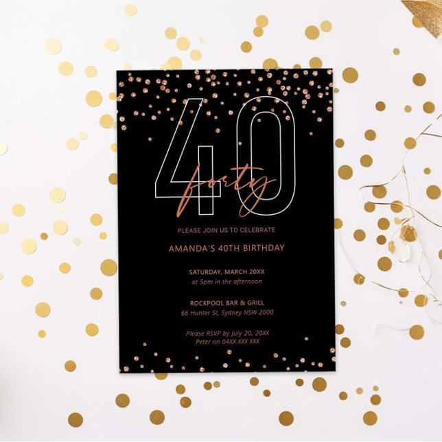 Rose gold and black glitter sparkle 40th birthday invitation (Creator Uploaded)
