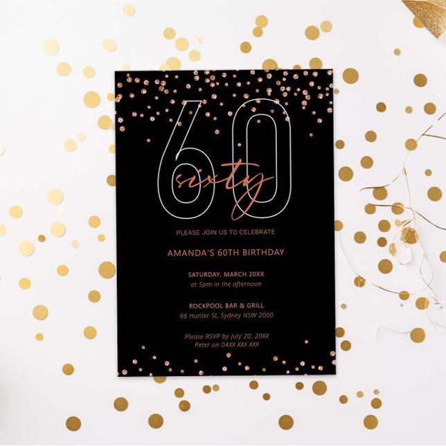 Rose gold and black glitter sparkle 60th birthday invitation (Creator Uploaded)