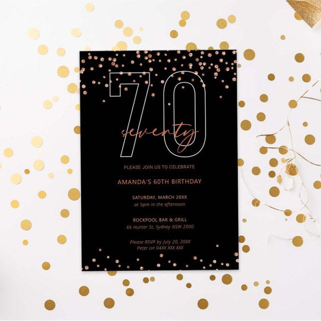 Rose gold and black glitter sparkle 70th birthday invitation (Creator Uploaded)