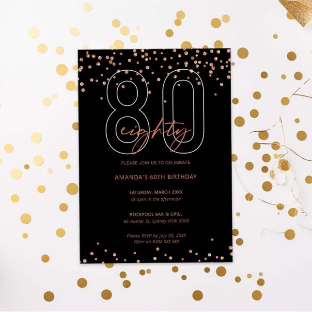Rose gold and black glitter sparkle 80th birthday invitation (Creator Uploaded)