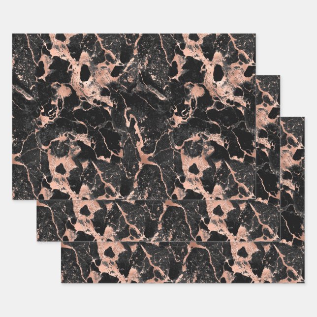 Rose Gold and Black Marble Wrapping Paper Sheet (Set)