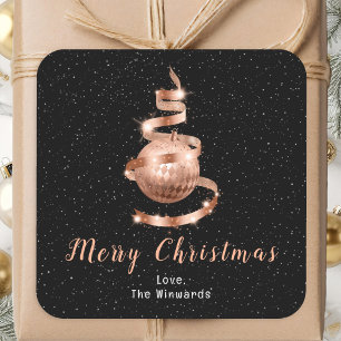 Rose Gold and Black Ornament Merry Christmas Square Sticker