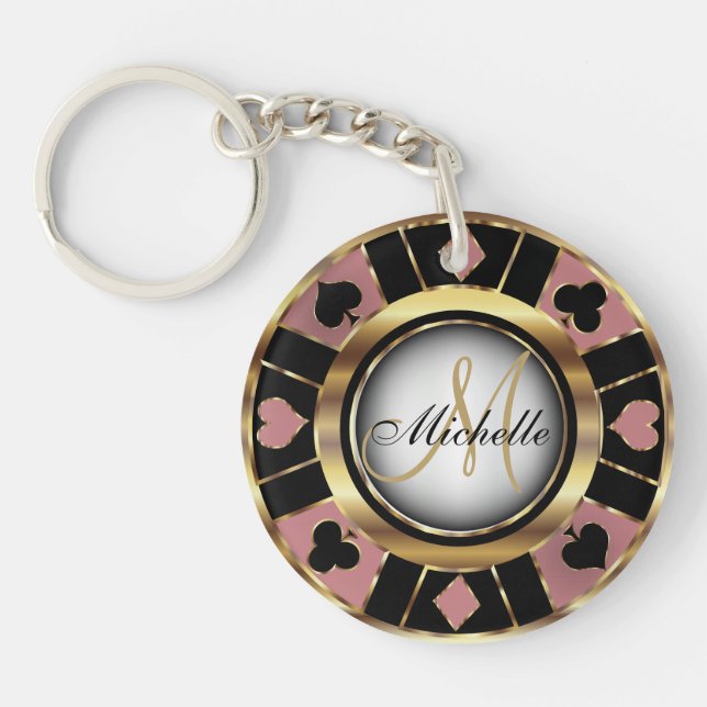 Rose Gold and Black Poker Chip Design - Monogram Key Ring (Front)