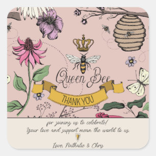 Rose Gold and Black Queen Bee and Crown Thank You Square Sticker