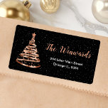 Rose Gold and Black Ribbon Christmas Tree Label<br><div class="desc">This elegant and chic address label features a rose gold ribbon Christmas tree with a star topper. The text combines handwritten script and modern sans serif fonts for a classy and sophisticated look. The falling snow, snowflakes and sparkles give a festive and magical touch. This is perfect for Christmas and...</div>