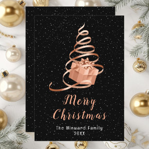 Rose Gold and Black Ribbon Gift Merry Christmas Holiday Card