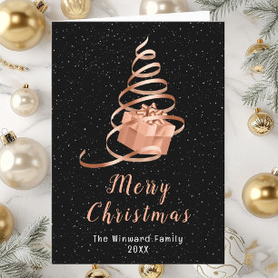 Rose Gold and Black Ribbon Gift Merry Christmas Holiday Card