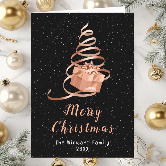 Rose Gold and Black Ribbon Gift Merry Christmas Holiday Card (Creator Uploaded)