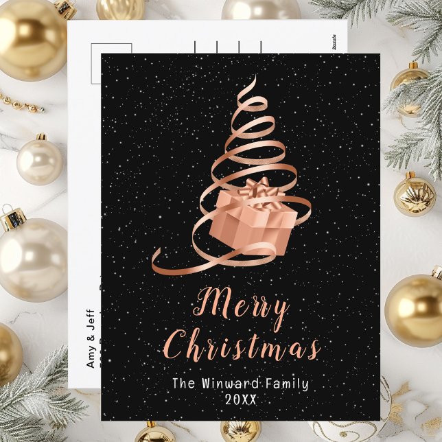Rose Gold and Black Ribbon Gift Merry Christmas Holiday Postcard (Creator Uploaded)