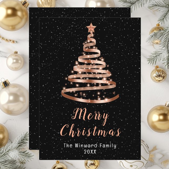 Rose Gold and Black Ribbon Tree Merry Christmas Holiday Card (Creator Uploaded)