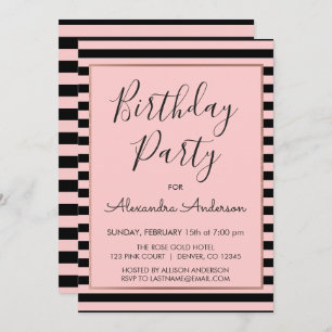 Rose Gold and Black Stripe Any Age Birthday Invitation