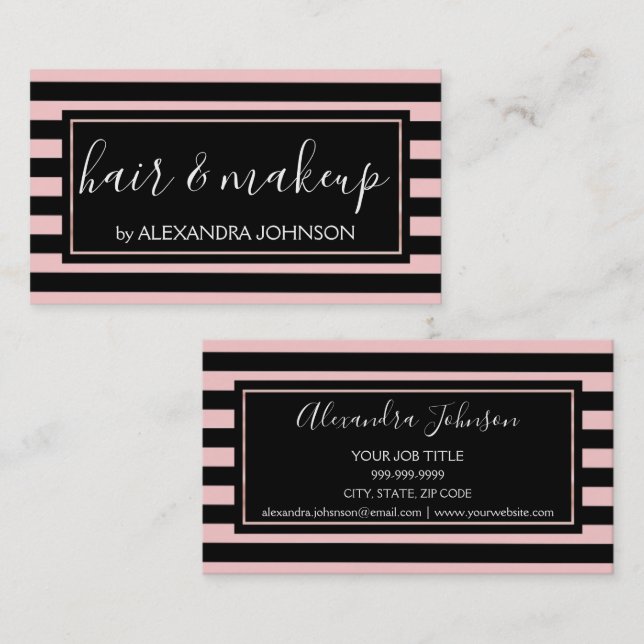Rose Gold and Black Stripe Hair and Makeup Business Card (Front/Back)