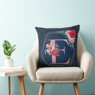 Rose Gold and Blue E Monogram Floral Throw Pillows