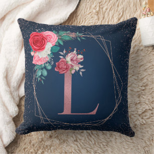 Rose Gold and Blue L Monogram Floral Throw Pillows