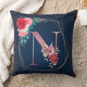 Rose Gold and Blue N Monogram Floral Throw Pillows