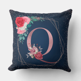 Rose Gold and Blue Q Monogram Floral Throw Pillows