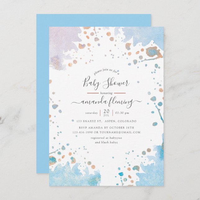 Rose Gold and Blue Watercolor Splash Baby Shower Invitation (Front/Back)