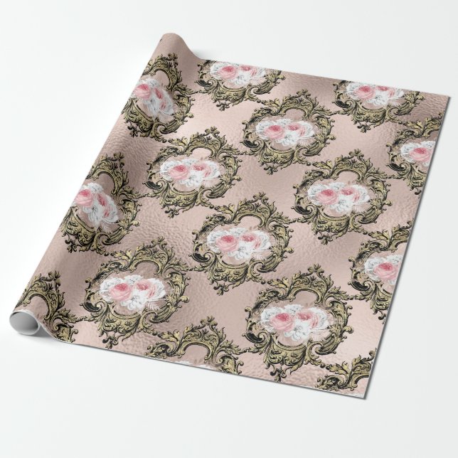 Rose Gold and Blush Antique French Rose pattern Wrapping Paper (Unrolled)