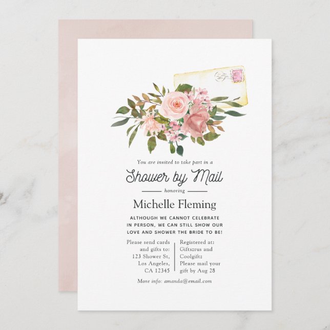 Rose Gold and Blush Floral Bridal Shower by Mail Invitation (Front/Back)