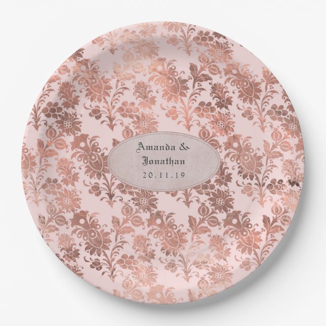 Rose Gold and Blush Floral Foil Wedding Paper Plate (Front)