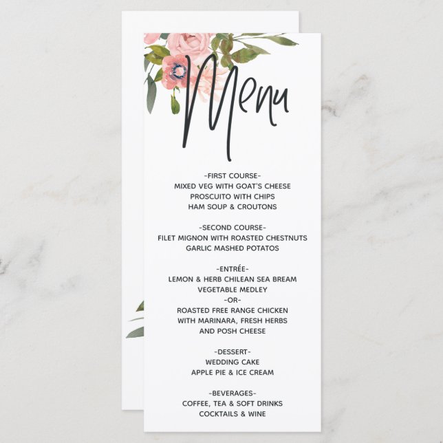 Rose Gold and Blush Floral Menu (Front/Back)