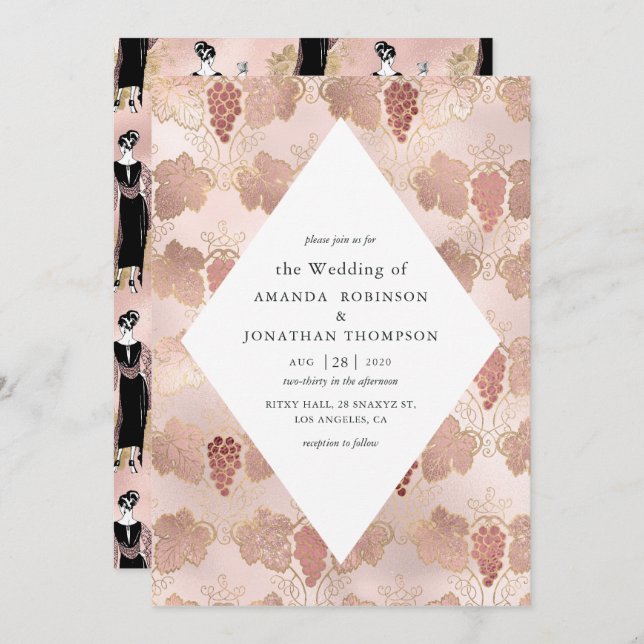 Rose Gold and Blush French Wine themed Wedding Invitation (Front/Back)