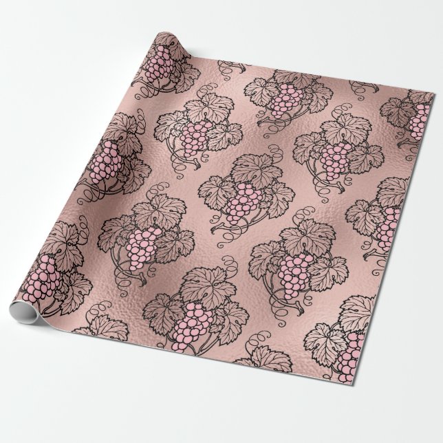 Rose Gold and Blush French Wine themed Wrapping Paper (Unrolled)
