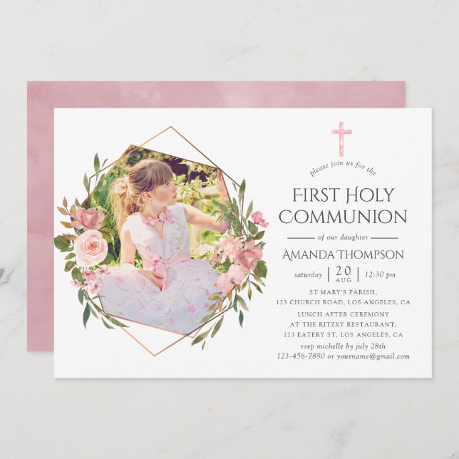 Rose Gold and Blush Geometric First Holy Communion Invitation (Front/Back)