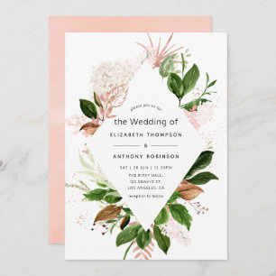 Rose Gold and Blush Geometric Greenery Wedding Invitation