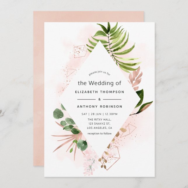 Rose Gold and Blush Geometric Greenery Wedding Invitation (Front/Back)