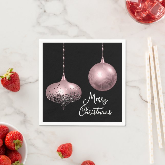 Rose Gold and Blush Pink Christmas Baubles Napkin (Insitu)