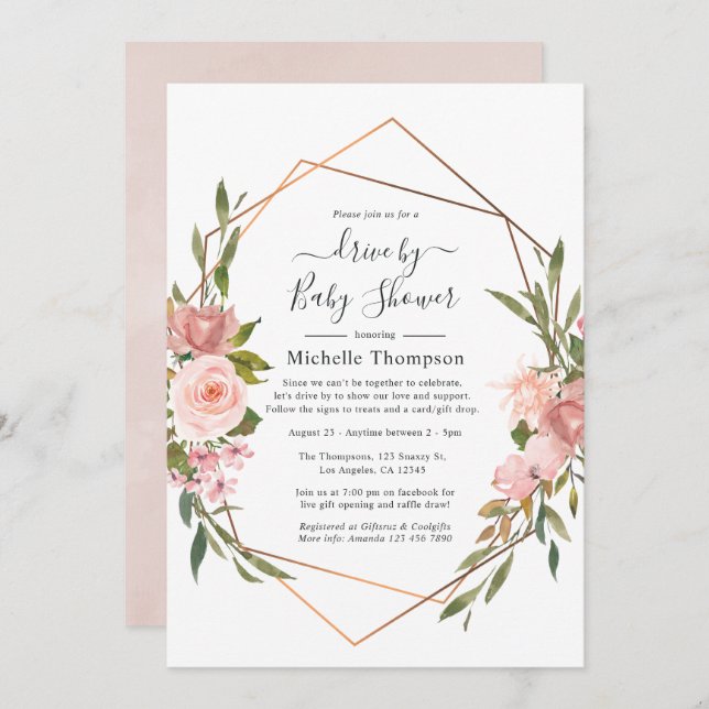 Rose Gold and Blush Pink Drive By Shower Invitation (Front/Back)