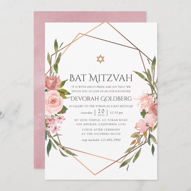 Rose Gold and Blush Pink Floral Bat Mitzvah Invitation (Front/Back)