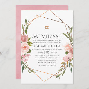 Rose Gold and Blush Pink Floral Bat Mitzvah Invitation